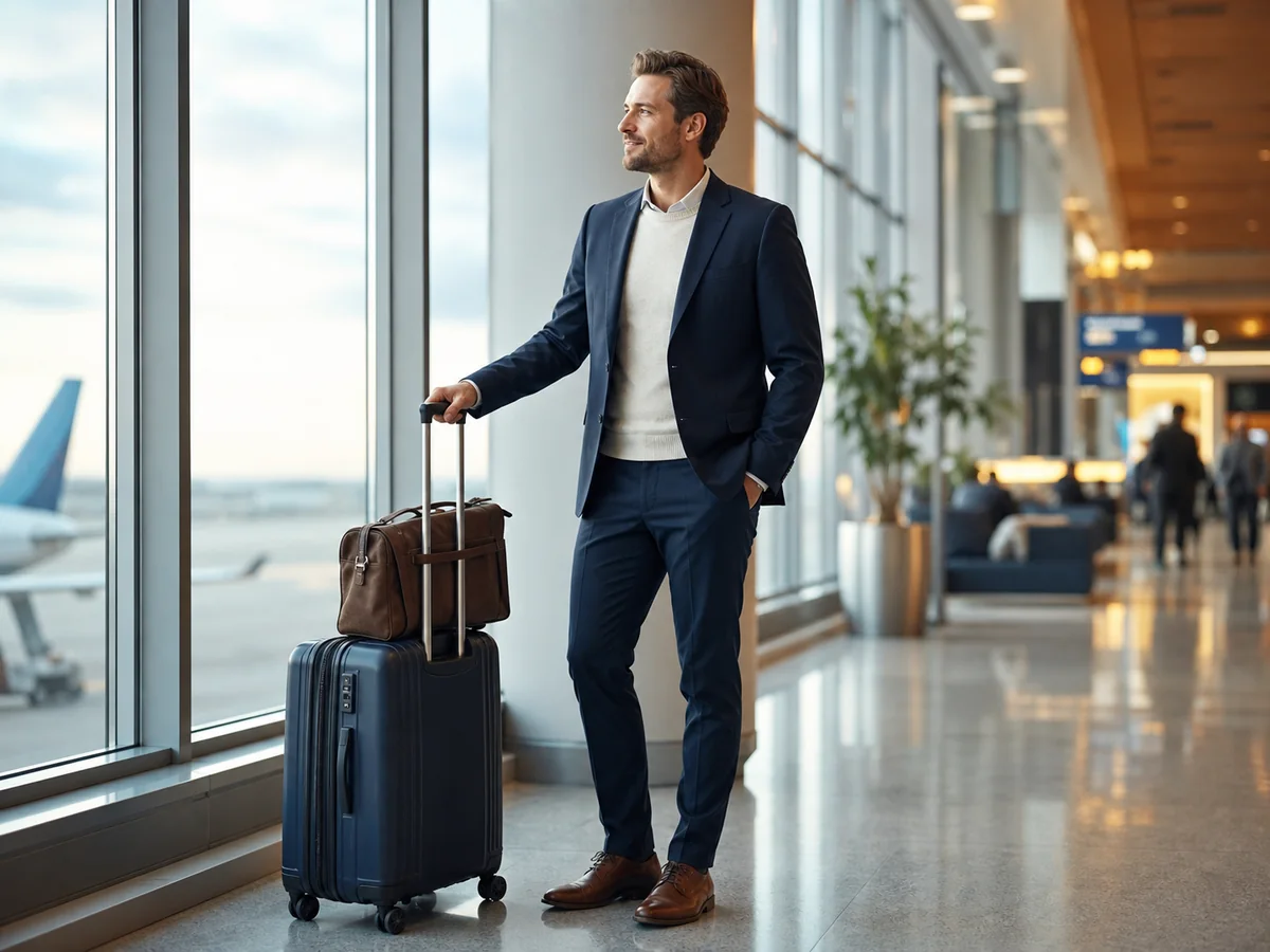 Business traveler with luggage at an airport